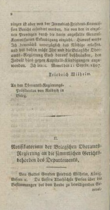II. Notifikatorium der Briegschen Oberamts-Regierung an die sämmtlichen Gerichtsbehörden des Departements