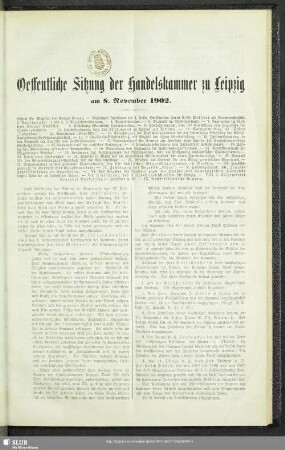 Oeffentliche Sitzung der Handelskammer zu Leipzig am 8. November 1902