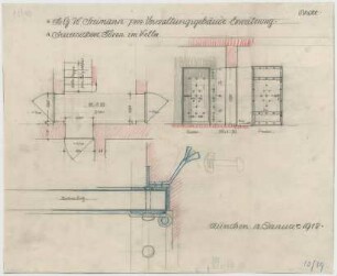 Fischer, Theodor; München; Bayerische Geschützwerke - Erweiterung der provisorischen Verwaltung - Türen im Keller (Grundriss, Ansichten, Detail)