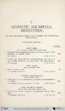 Gemälde, Aquarelle, Miniaturen (Nr. 1-98)