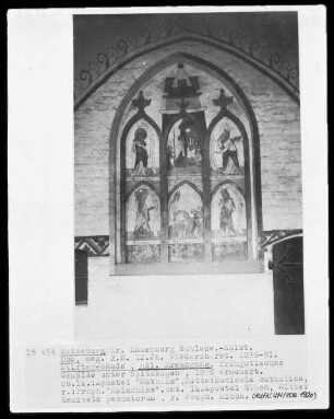 Von rechts oben nach links unten: Der Apostel Matthias, Ecclesia catholica, der Prophet Malachias, der Apostel Simon, Remissio peccatorum, der Prophet Micha