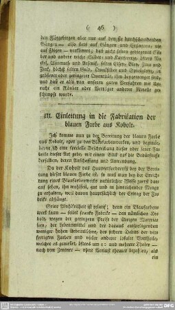 III. Einleitung in die Fabrikation der blauen Farbe aus Kobolt