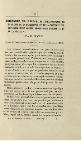 Détermination, par le principe de correspondance, de la classe de la développée et de la caustique par réflexion d'une courbe géométrique d'ordre m et de la classe n.
