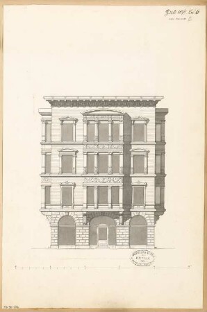 Städtisches Wohnhaus Monatskonkurrenz Juli 1879: Aufriss Vorderansicht; Maßstabsleiste