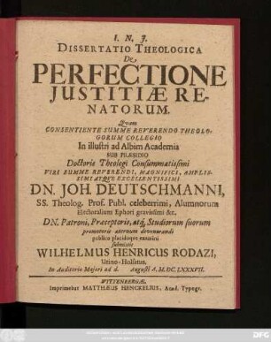 Dissertatio Theologica De Perfectione Iustitiae Renatorum