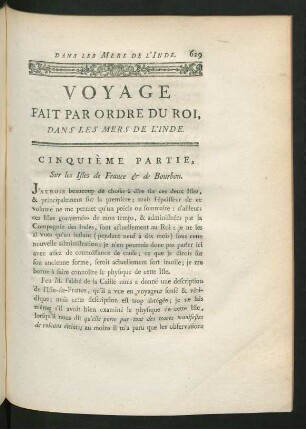 Cinquième partie, sur les isles de France & de Bourbon