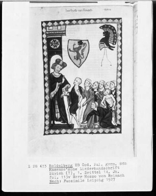 Manessische Liederhandschrift, Faksimile — Herr Hesso von Reinach lädt Krüppel und Bettler in sein Haus ein, Folio 113verso