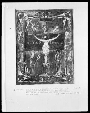 Sakramentar Heinrichs II. — Kreuzigung Christi, mit Johannes und Maria, Folio 15recto