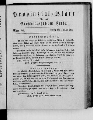 Num. 62., Ausgabe vom 9. August 1816