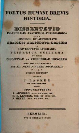 Foetus humani brevis historia : Diss. inaug. anat. physiol.