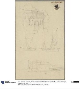 Gebäude mit einem Altan & Zwei Segelboote & Festungsanlage