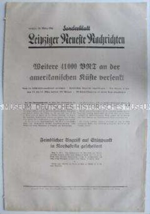Sonderblatt der "Leipziger Neuesten Nachrichten" zum Kriegsverlauf in Nordafrika, an der amerikanischen Küste und im Mittelmeer