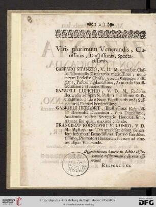 Viris plurimùm Venerandis, Clarissimis, Doctissimis, Spectatissimis