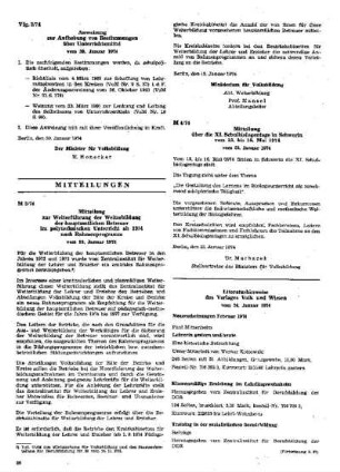 Mitteilung zur Weiterführung der Weiterbildung der hauptamtlichen Betreuer im polytechnischen Unterricht ab 1974 nach Rahmenprogramm : 3/74 vom 10. Januar 1974 ; [Mitteilungen]