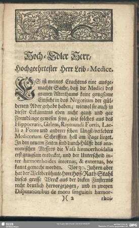 Hoch-Edler Herr, Hochgeehrter Herr Leib-Medice