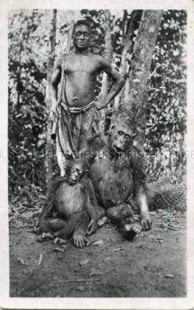 Afrikanischer Jäger posiert mit zwei getöteten Schimpansen