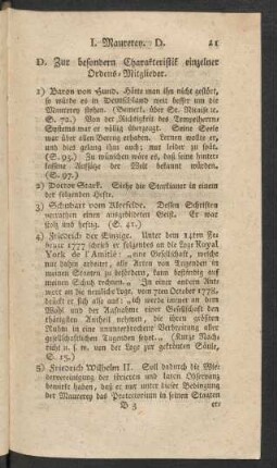 D. Zur besondern Charakteristik einzelner Ordens-Mitglieder.