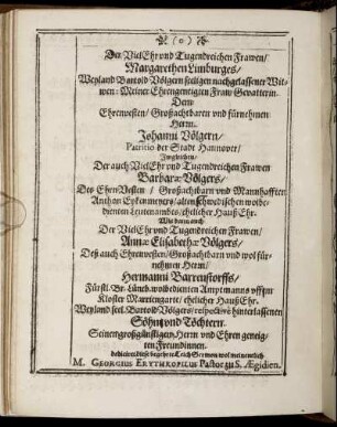 Der Viel Ehr und Tugendreichen Frawen/ Margarethen Limburges [...]