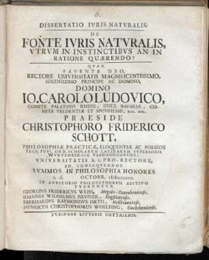 Dissertatio Ivris Natvralis. De Fonte Ivris Natvralis, Vtrvm In Instinctibvs An In Ratione Quærendo?