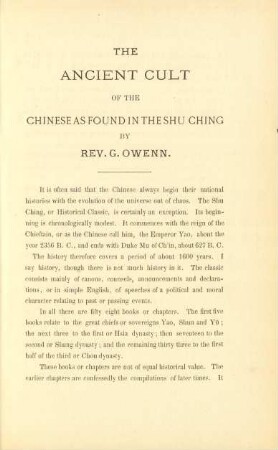 The ancient cult of the chinese as found in the Shu Ching by Rev. G. Owenn