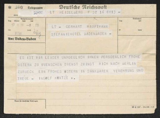 Brief von Ingolf Kuntze an Gerhart Hauptmann