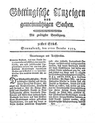 50stes Stück. Sonnabend, den 11ten December 1773.