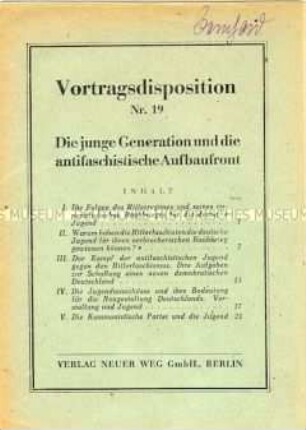 Schulungsmaterial der KPD: Vortragsdisposition Nr. 19