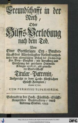 Freundschafft in der Noth, Oder Hilffs-Verlobung nach dem Tod