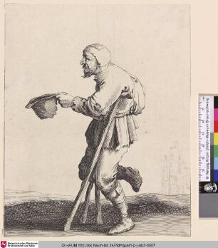 [Ein Bettler mit einem Holzbein; A male beggar with a wooden leg and crutches in foreground, seen in profile to left and holding out his hat, a ruined tower seen (faintly) at righ]