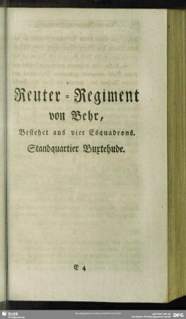 Reuter-Regiment von Behr, Bestehet aus vier Esquadrons. Standquartier Buxtehude