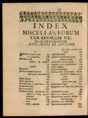 Index Miscellaneorum Curiosorum Medico-Physicorum Anni Sexti Et Septimi.