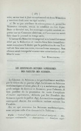 Les certificats d'études supérieures des facultés des sciences.