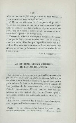 Les certificats d'études supérieures des facultés des sciences.