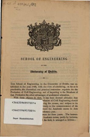 School of Engineering, Trinity College, Dublin, 1842