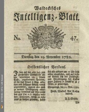 No. 47, Dienstag den 19. November 1782