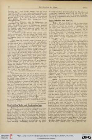 Kunstwissenschaft und Denkmalspflege / Aus Akademien und Kunstschulen / Personalien / Auszeichnungen / Todesfälle / Stipendien und Stiftungen / Vereine / Gerichtssaal / Kunsthandel und Versteigerungen