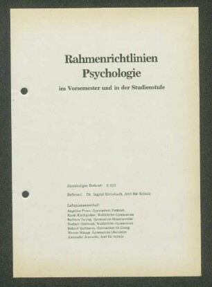 Rahmenrichtlinien Psychologie im Vorsemester und in der Studienstufe
