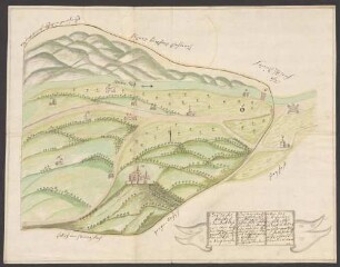 Inselkarte eines Teils der Herrschaft Hohengeroldseck zwischen Schuttertal/Prinzbach (links), Schutter (oben), Lahr/Burgheim (rechts) und Schloss Hohengeroldseck (unten)