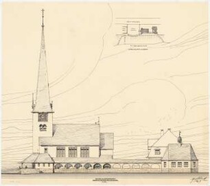 Evangelische Kirche, Berlin-Nikolassee: Lageplan 1:1000; Aufriss Ansicht von der Rehwiese 1:100
