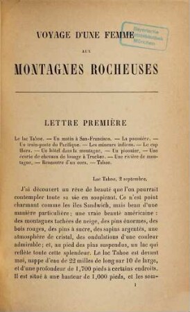Voyage d'une femme aux montagnes rocheuses : Trad. de l'anglais par E[lizabeth Lair] Martineau des Chesnez