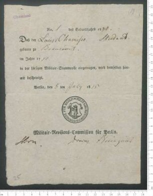 Eintrag in Militär-Stammrolle der Militär-Revisions-Kommission Berlin