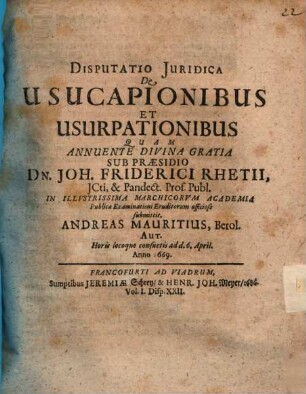 Disp. iur. de usucapionibus et usurpationibus