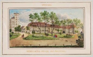 Die Zwingeranlagen am Anfang der Ostraallee beim Postplatz mit dem Palasthotel Weber, der Einmündung der Zwingerstraße, dem Silberhammer, einem königlichen Waschhaus und dem Malersaal