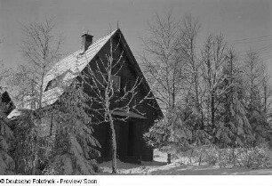 Haus und Bäume von Schnee bedeckt