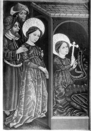 Margaretenaltar : Margaretenaltar. Holz, geschnitzt, gefaßt, bemalt (um 1460). Flügel mit Einkerkerung der heiligen Margaretha. Sankt Georgen ob Murau-Bodendorf, Filialkirche Sankt Cäcilia