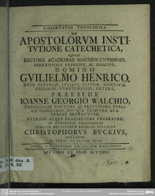 Dissertatio Theologica De Apostolorum Institutione Catechetica