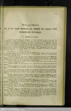Verzeichnis der in der Stadt Chemnitz am Schlusse des Jahres 1910 vorhandenen Stiftungen