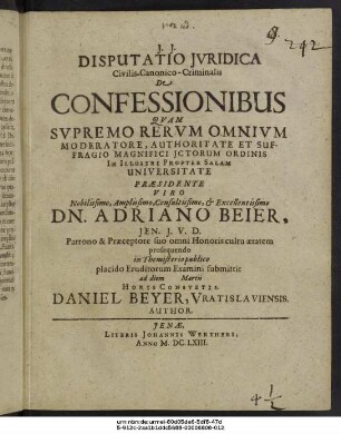Disputatio Iuridica Civilis-Canonico-Criminalis De Confessionibus