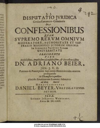 Disputatio Iuridica Civilis-Canonico-Criminalis De Confessionibus