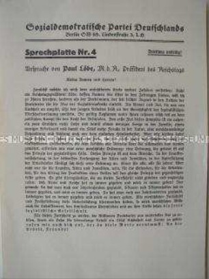 Textblatt zu einer Schallplatte mit einer Rede des Reichstagspräsidenten Paul Löbe
